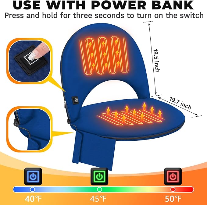 Teenyyou Heated Stadium Seat Cushion for Bleachers with Back Support Extra Portable Foldable Heating Stadium Seats Chair Pad with USB 3 Level Heating Pocket for Outdoor Sport