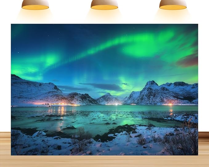 7X5ft Fabric Northern Lights Backdrop Ture North Aurora-Themed Background Above The Snow-Covered Mountain Oceans Colorful ...