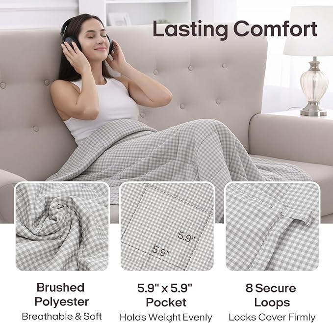 ZonLi Weighted Blanket(48"x72",15lbs, Grey and White Checkered) Twin Size Weighted Blanket for Adults, High Breathability Heavy Blanket,Soft Material with Premium Glass Beads