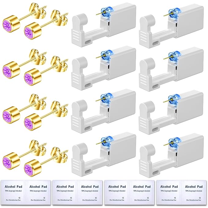 Get the Perfect Ear Piercing with 24 Pcs Premium Ear Piercing Kit - Includes 8 Purple CZ Stones Earrings and 8 Easy-to-Use Self Ear Piercing Gun - Safe and Painless