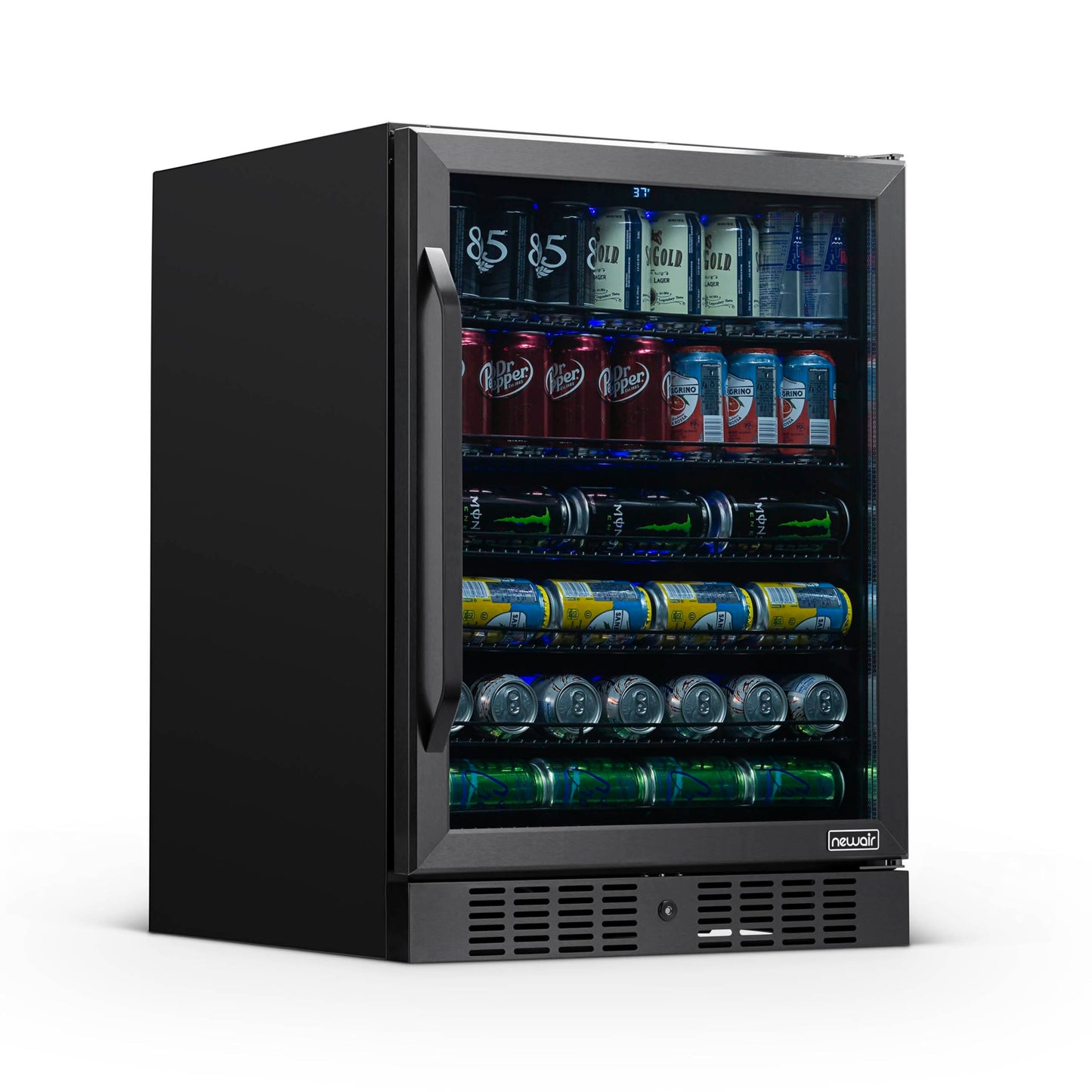 NewAir Beverage Refrigerator with Glass Door | 177 Can Mini Fridge for Bedroom, Dorm, Office, or Gaming Setup | Soda, Beer, and Wine Cooler | Black Stainless Steel