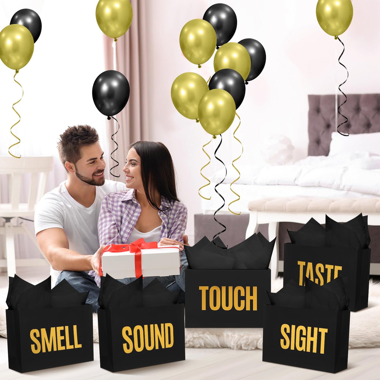 Soulchen 5 Senses Gift Birthday Decorations Five Senses Gift Bags Party Decoration with Happy Birthday Banner Taste Touch Sound Rose Petals Balloon for Party(Black Gold)