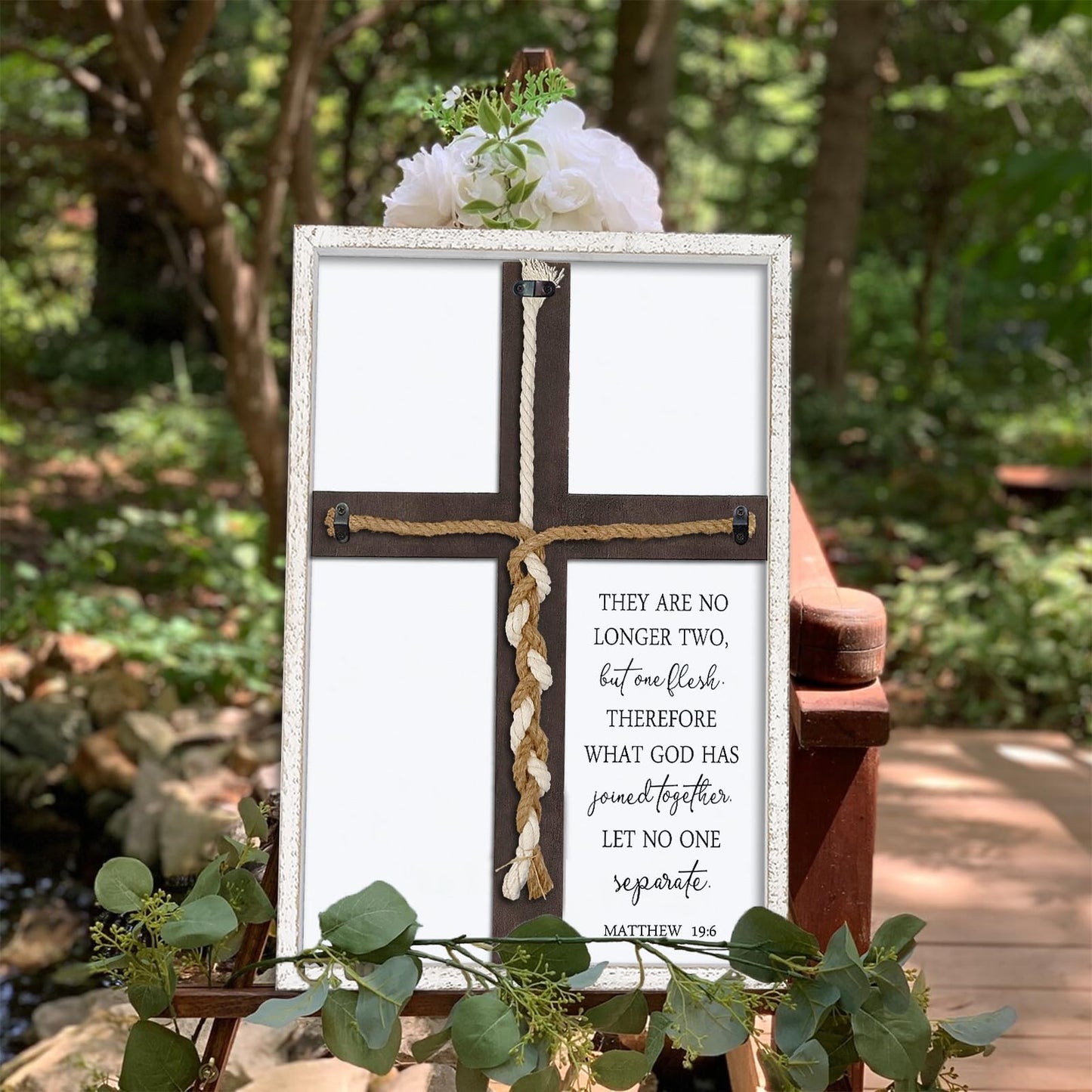 Matthew 19:6 What God Has Joined Sign 15"X10" Cord of Three Strands Braid for Wedding Ceremony Cross Ideas Wood Frame Christian Marriage Gifts Decor for Couple Anniversary Religious (White)
