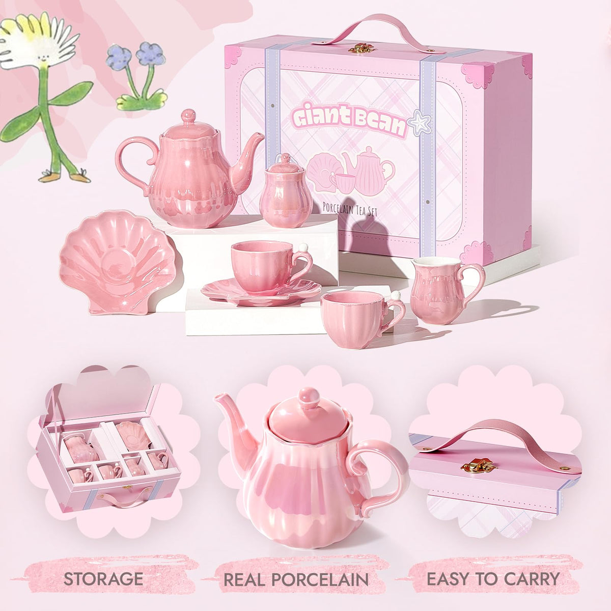 Giant bean Porcelain Tea Set, Pearl Pink Real Tea Party Set for Little Girls, British Royal Princess Series Teapot & Cup & Saucer & Sugar Bowl & Suitcase, for Little Kids Toddlers