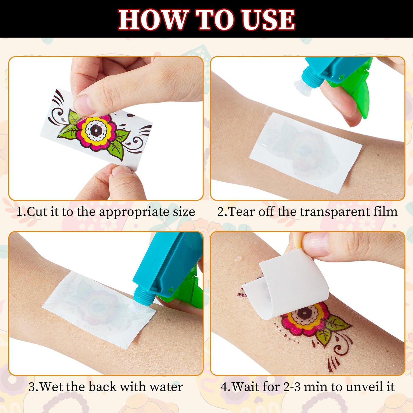 4 Kits Day of the Dead Sugar Skull Temporary Face Tattoos Makeup Costumes for Women and Men, DIY Skeleton Face Tattoos with 1 Ro