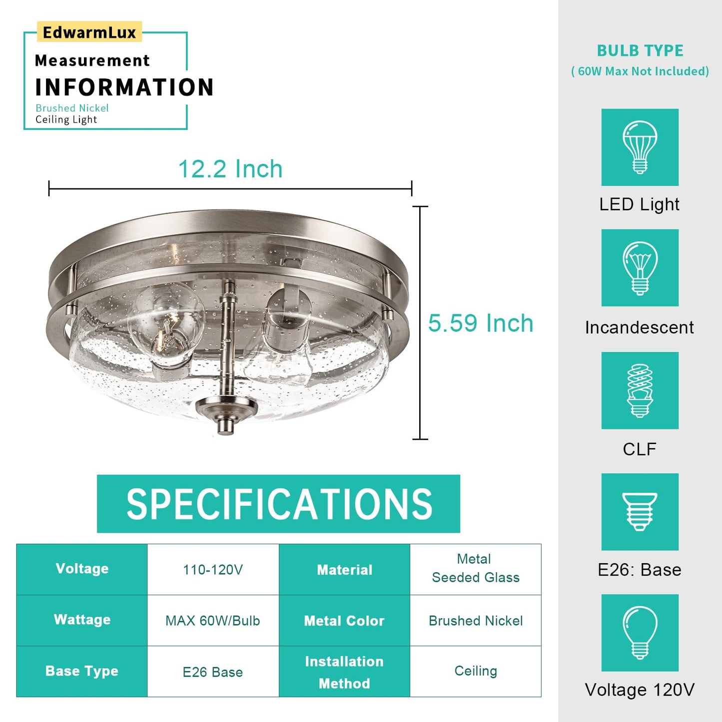 Edwarmlux Flush Mount Ceiling Lights, 2-Light Farmhouse Close to Ceiling Light, Industrial Ceiling Lighting Fixture for Kitchen Hallway Bedroom Living Room Stairways Porch (Brushed Nickel)