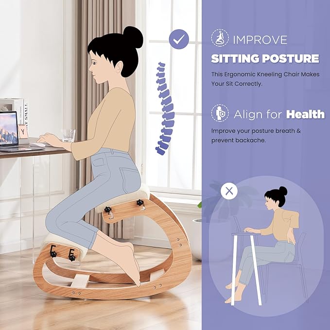 MoomJiee Ergonomic Kneeling Chair, Adjustable Rocking Knee Chairs for Home Office, Wooden Office Knee Chair for Back Pain Relief, Beige