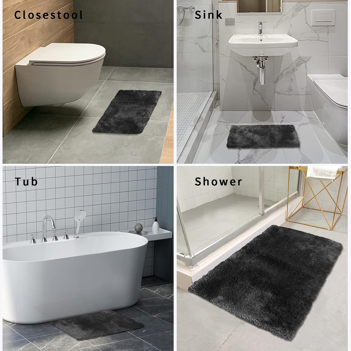 FIFU Bathroom Rugs 17" W x 24" L, Bath Mat for Bathroom, Bedroom, Laundry Room & Kitchen, Non-Slip Rubber Latex Backing, Extra Soft and Absorbent Microfiber Carpet, Machine Washable Rug, Black