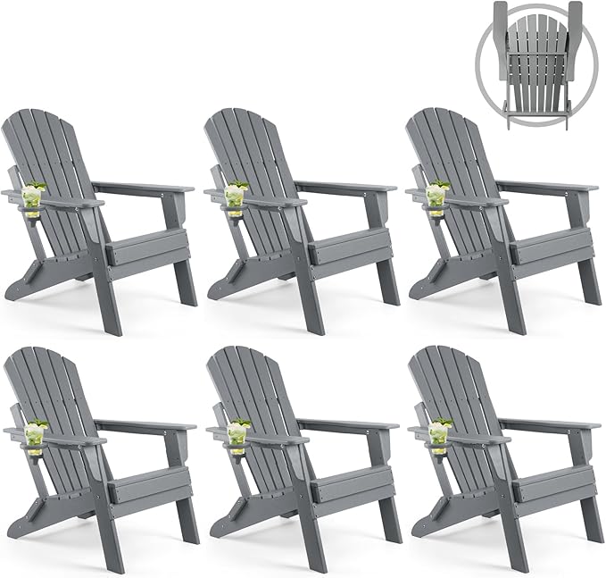 FUNBERRY Folding Adirondack Chair Set of 6, All Weather HDPE Fire Pit Chairs with Cup Holder for Outdoor