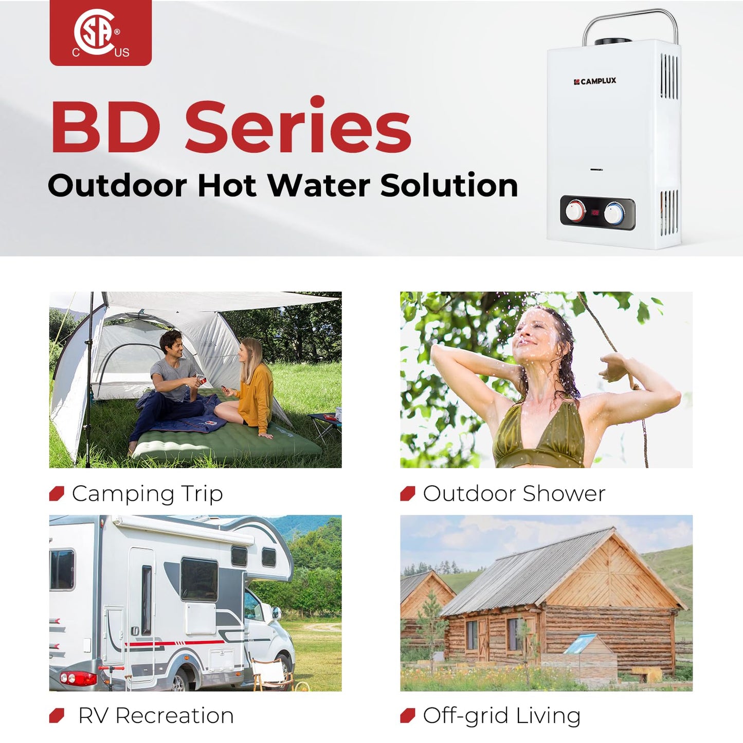 Camplux Pro 6L Portable Tankless Water Heater,Mini Sized Outdoor Propane Gas Water Heater with Portable Handle,Propane Gas Water Heater for RV,Campings,Cabins,Barns,White