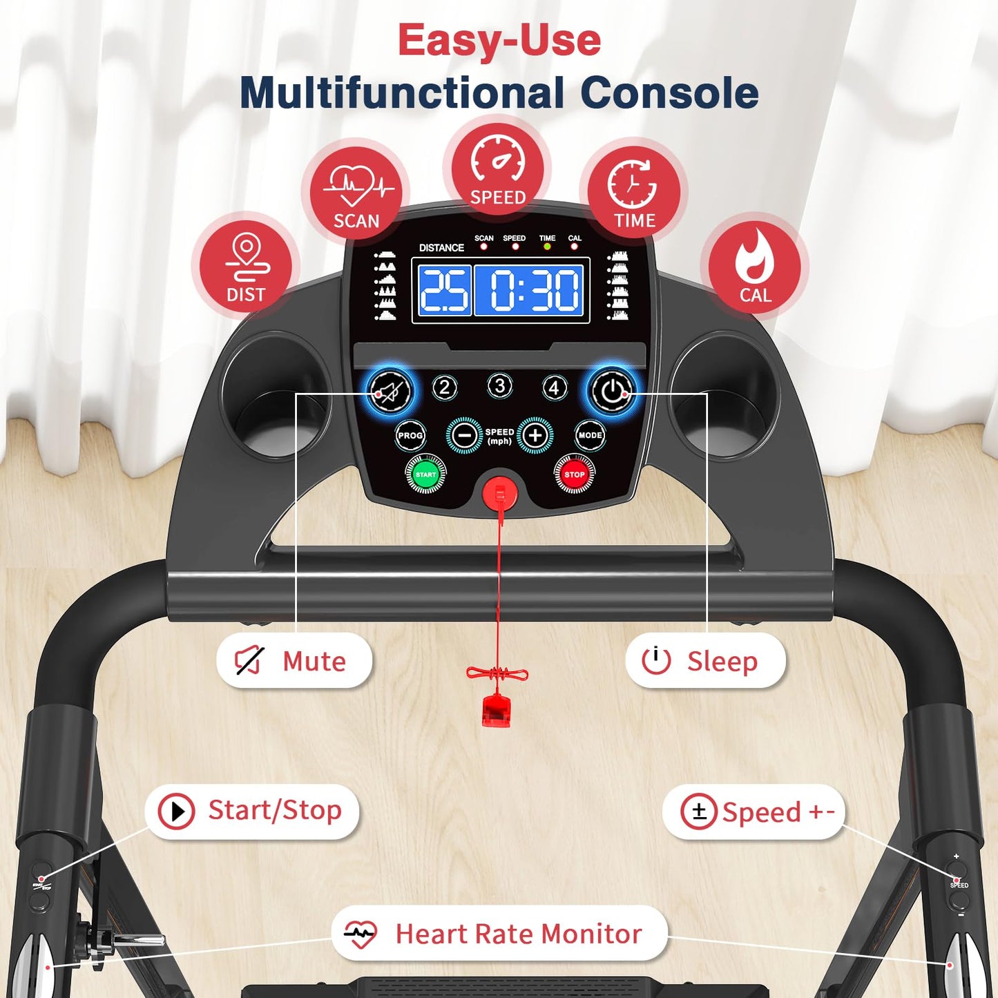 Redliro Treadmill for Seniors with Long Handrails - Foldable Walking Treadmill for Home Small, 300 lbs Capacity, 0-2% Incline, Auto Lube, Mute & Quick Speed Button, Elder Recovery, Cup & Phone Holder
