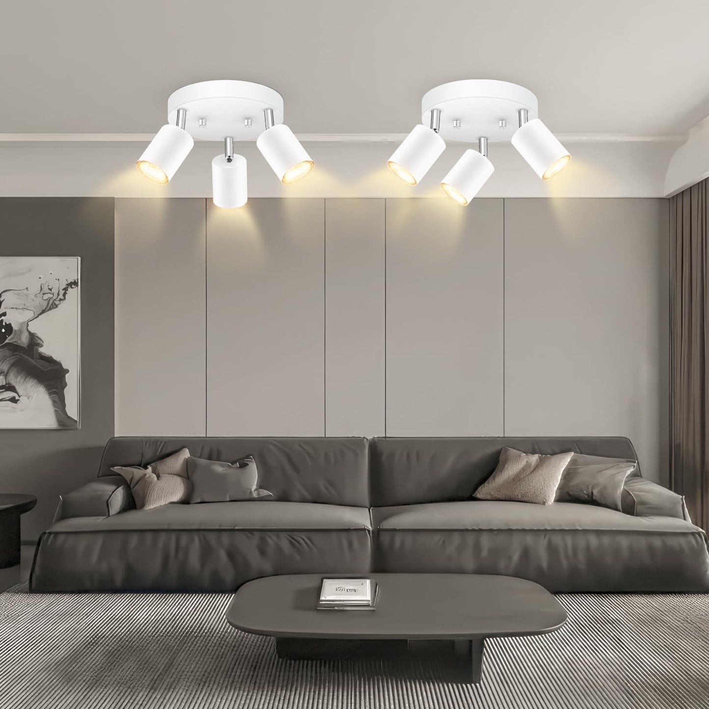 3 Light Track Lighting Fixtures Ceiling, Matte White Round Directional Ceiling Spotlight, GU10 Flush Mount Track Fixture, Adjustable Modern LED track Lights for Kitchen/Living Room, Bulb Not Included