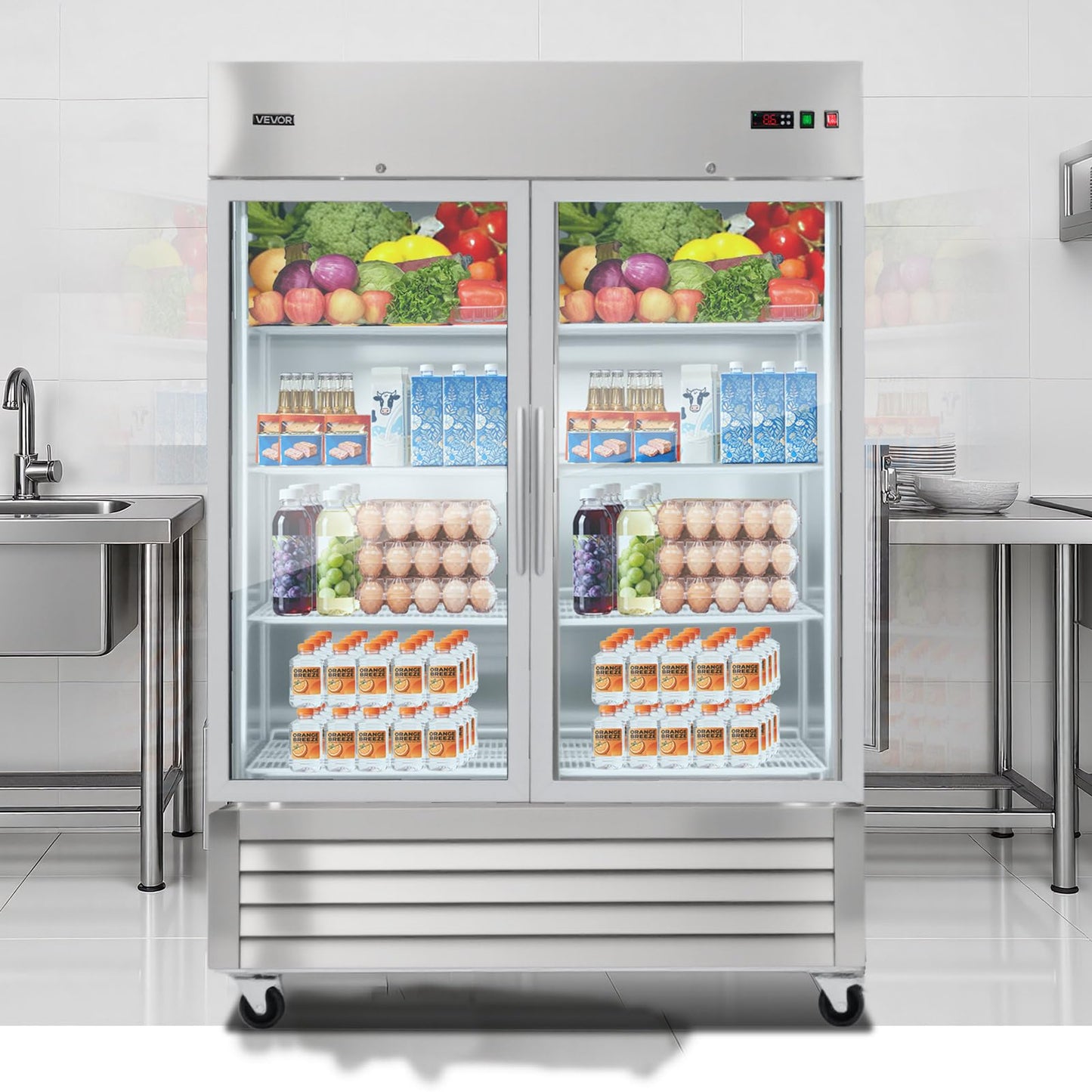 VEVOR Commercial Reach-In Refrigerator 54" W, 44 Cu.Ft Stainless Steel Upright Refrigerator with Double Glass Doors, Auto-Defrost, 8 Adjustable Shelves, 32 to 50℉ Temp Control, ETL Certified