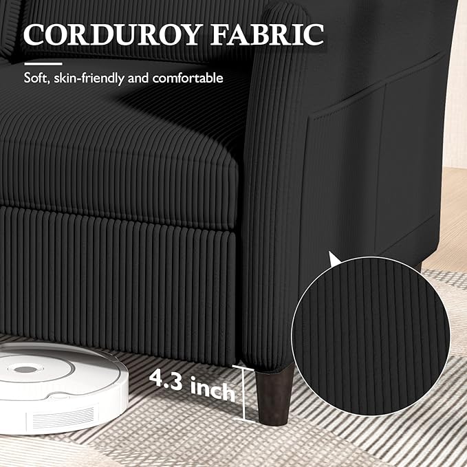 Valthie 79.1" Corduroy Loveseat Sofa, Modern Comfy Couches with Side Pocket, 3-Seater Sofa Couch for Living Room, Bedroom and Small Spaces,Black