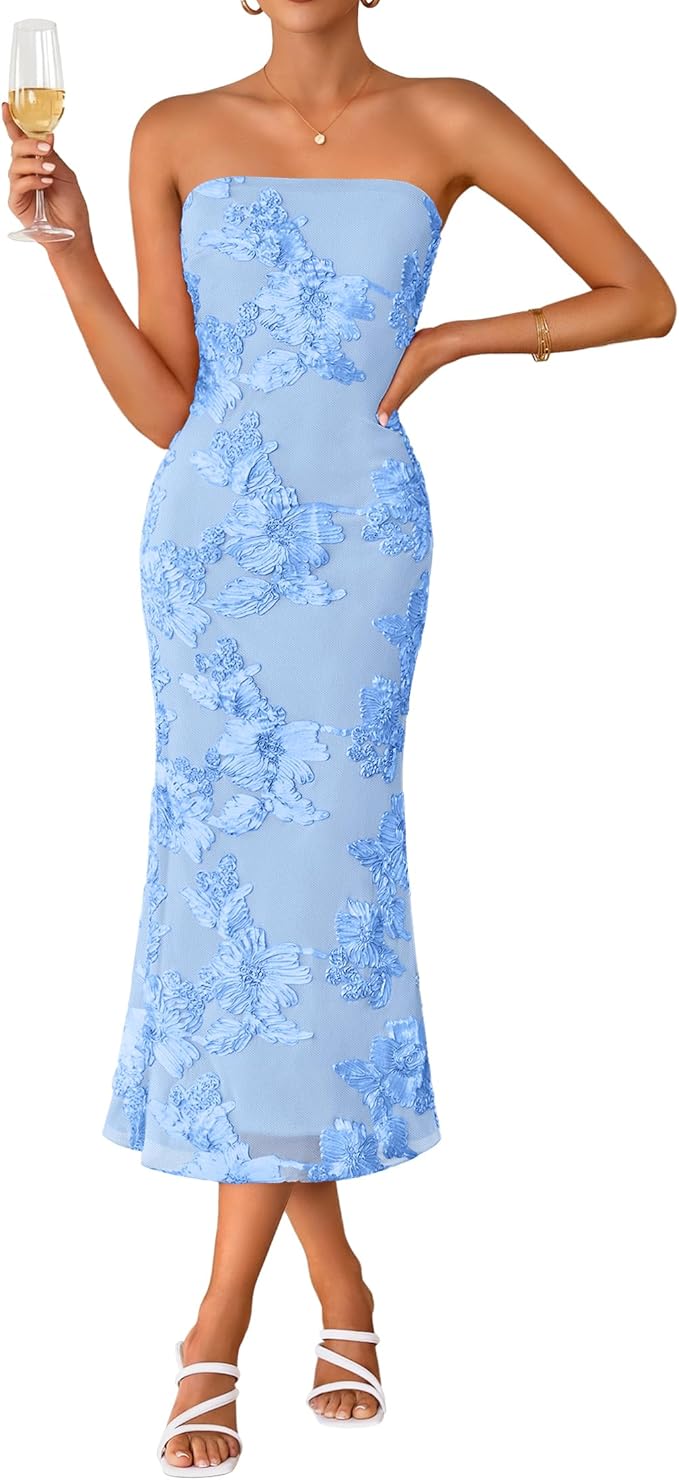 ZESICA Women's Summer Strapless Floral Midi Dress 2026 Bodycon Mesh Tube Wedding Guest Cocktail Party Long Dresses