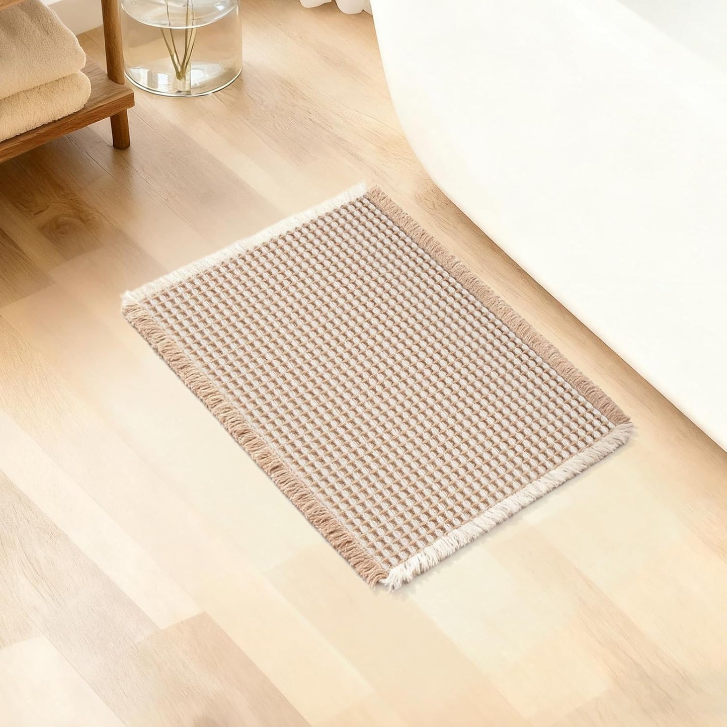 ArtyCozy Waffle Bath Mat, Super Absorbent Soft Non-Slip Boho Bath Rugs with Flat-Woven Hot Glue Backing for Bathroom, Machine Washable Bath Mats, 17" × 24", Brown & White