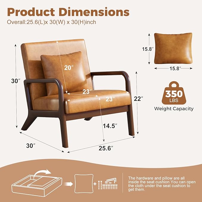 ELUCHANG Mid-Century Modern Chair,Upholstered Accent Chair Reading Arm Chair with Cushion & Lumbar Pillow & Solid Wood Frame for Lounge, Living Room, Bedroom, Office, Brown-PU Leather, 2PCS