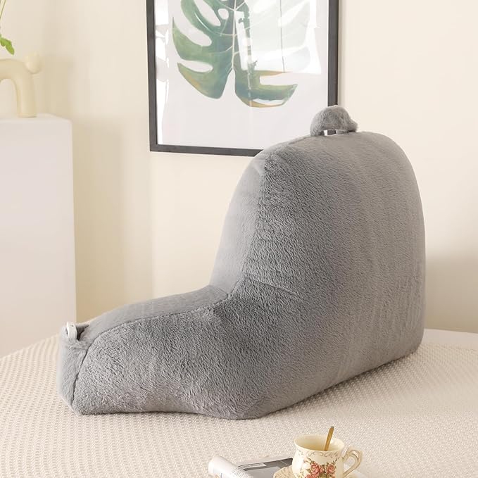 PAJEO Reading Pillow for Sitting in Bed, Large Backrest Reading Pillow with Arm Rest,Back-Rest Support Cushion for Sit Up on Couch, Sofa, and Floor, Dorm Essentials (Gray Faux Fur, Standard(17"))