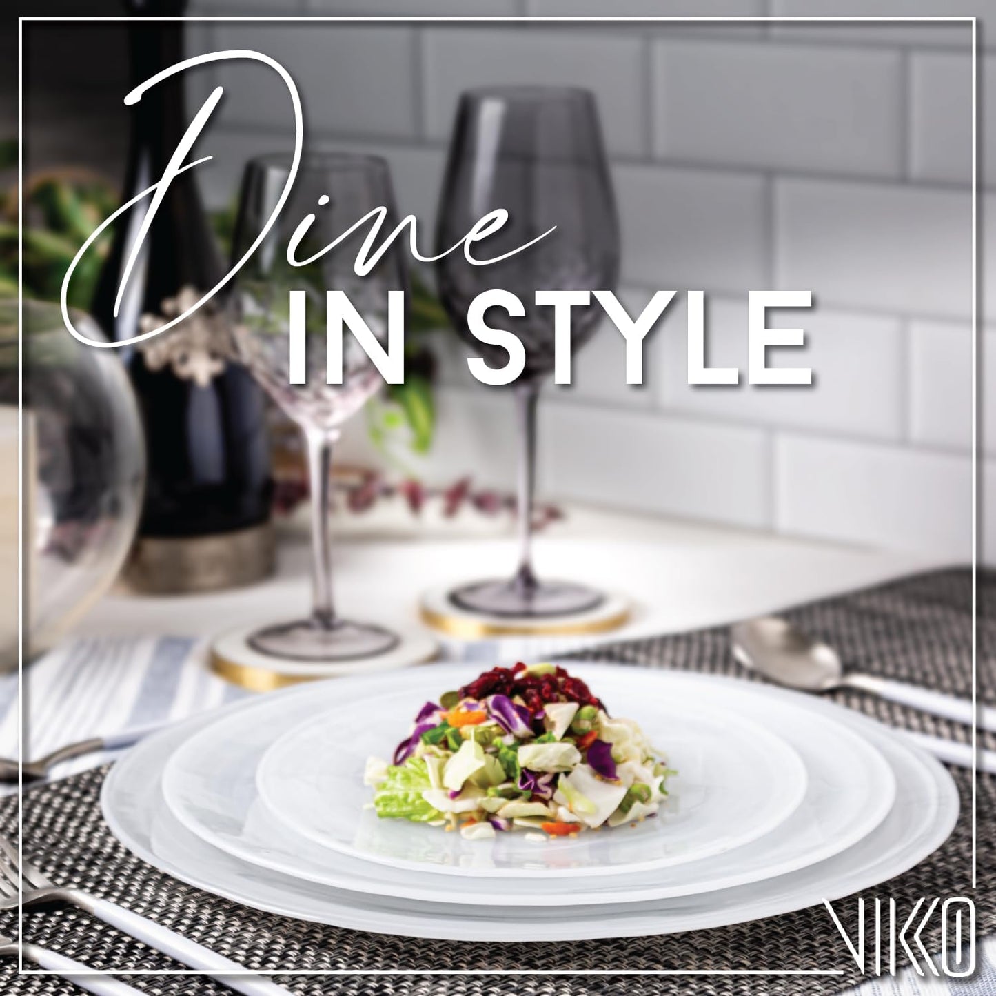 Vikko Lunch Plates, Set of 6 White Alabaster Plates, 8.5" Plate with Marbelized, Swirl Design, Elegant Glass Entree Plate, Dishwasher Safe