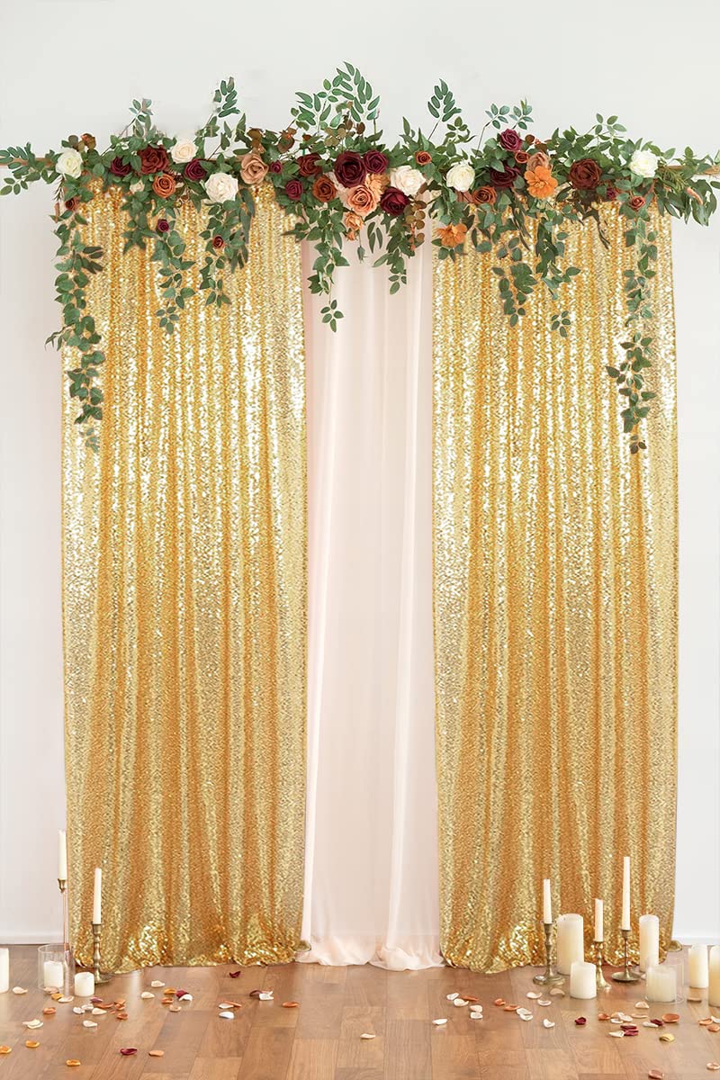 PartyDelight Gold 2FT X 8FT Sparkly Sequin Backdrop Curtains 2 Panels for Wedding Party Room Decorations Events