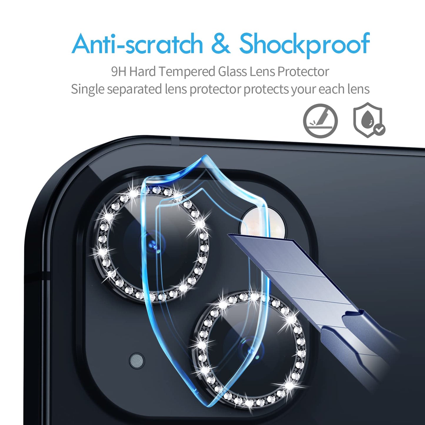 Xfilm Bling Diamond Individual Camera Lens Protector For Iphone 13 / Iphone 13 Mini, Hd Clear Tempered Glass Camera Lens Screen