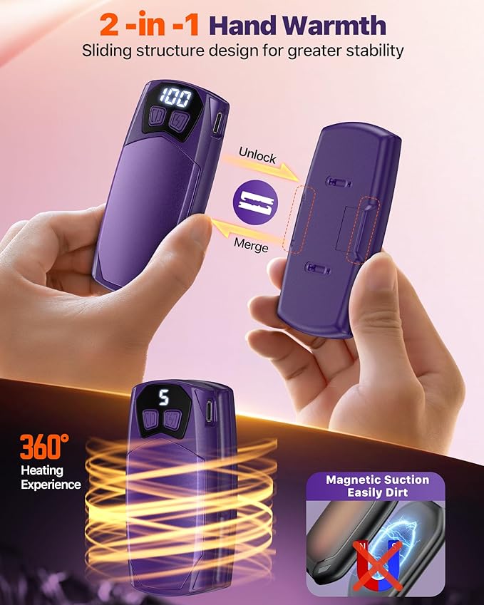 Kesguar Hand Warmers Rechargeable 2 Pack - 6000mAh Electric AI Handwarmers, LED Display & 5-Level Heating, 20Hrs Long Lasting, 2-in-1 Portable Heater, Gifts for Men/Women/Golf/Hunting