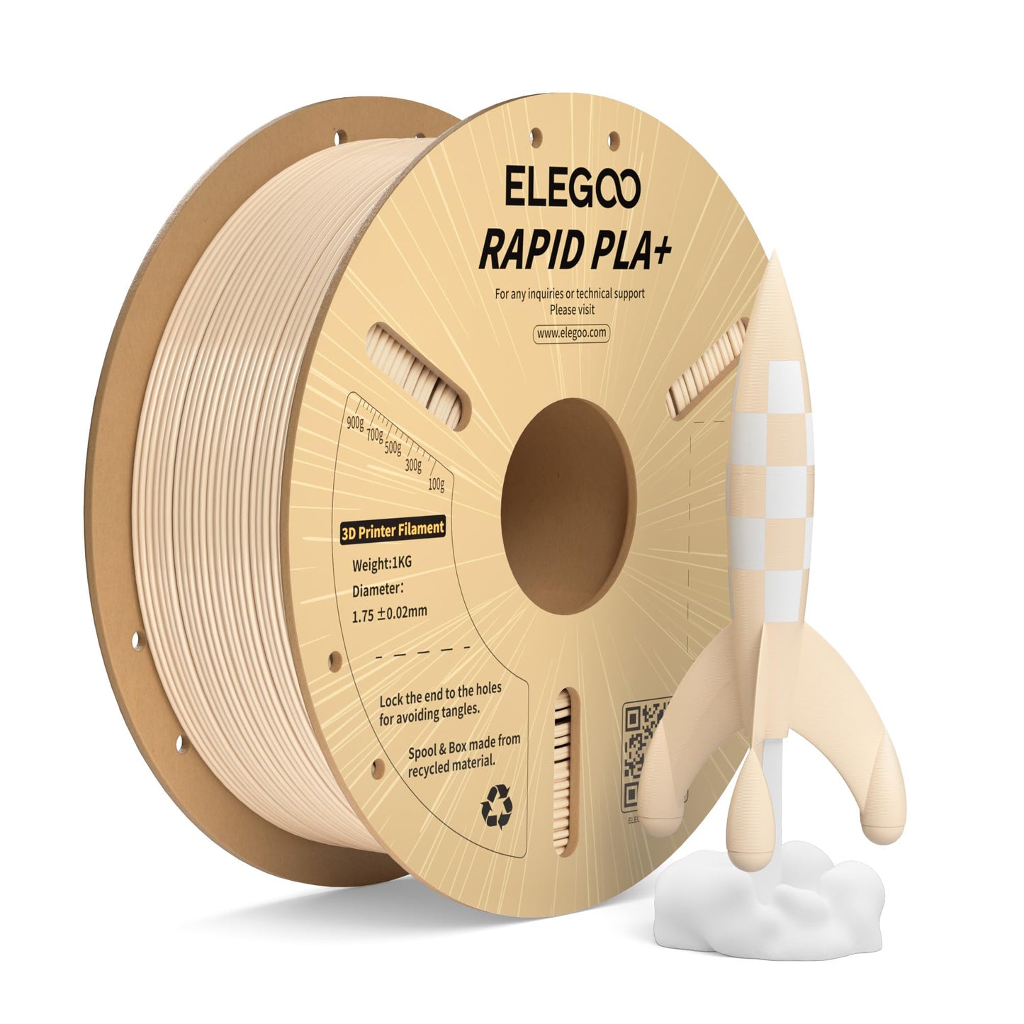 ELEGOO Rapid PLA Plus Filament 1.75mm Beige 1KG, PLA+ 3D Printer Filament for 600 mm/s High Speed Printing, Dimensional Accuracy