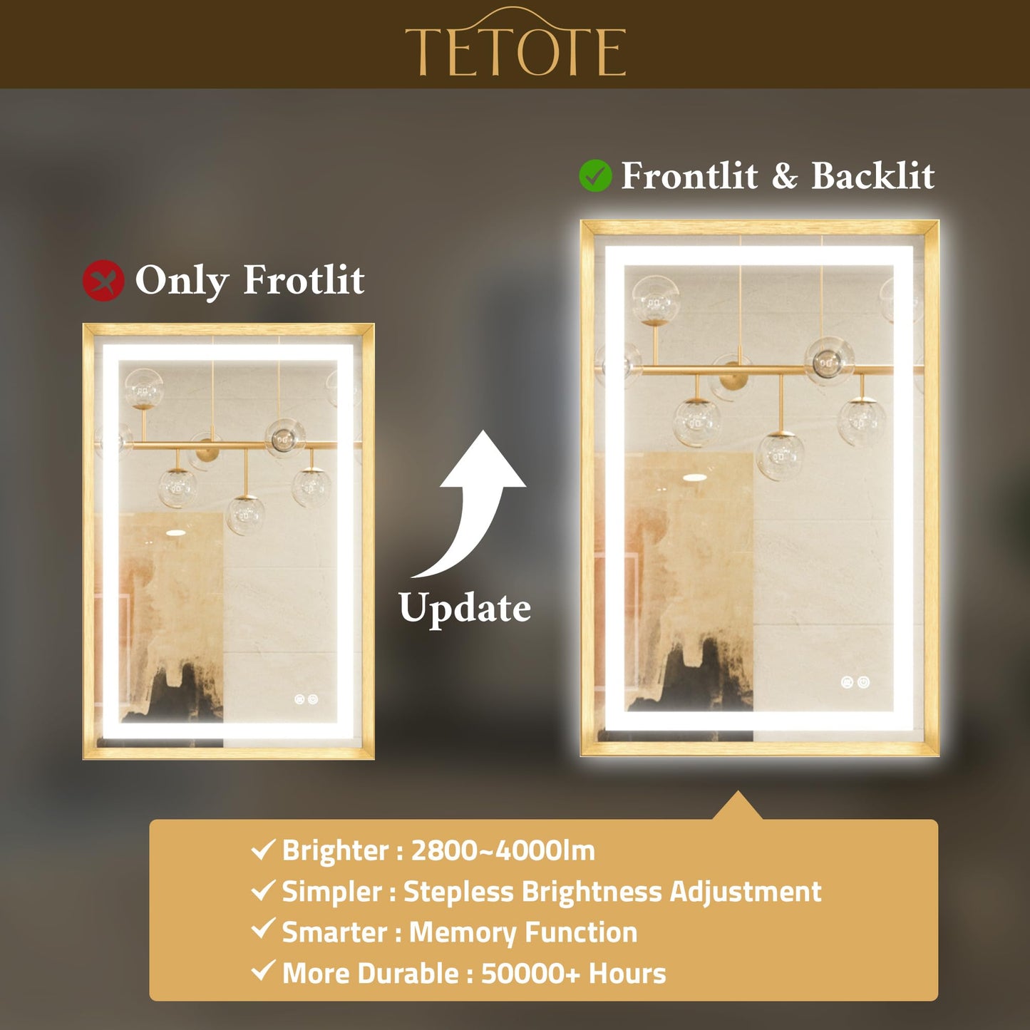 TETOTE 40 x 24 Led Mirror Brushed Gold Metal Frame Frontlit & Backlit Vanity Mirror Anti-Fog Stepless Dimmable 3 Colors White/Warm/Natural Wall Mirror with Lights Wall-Mounted