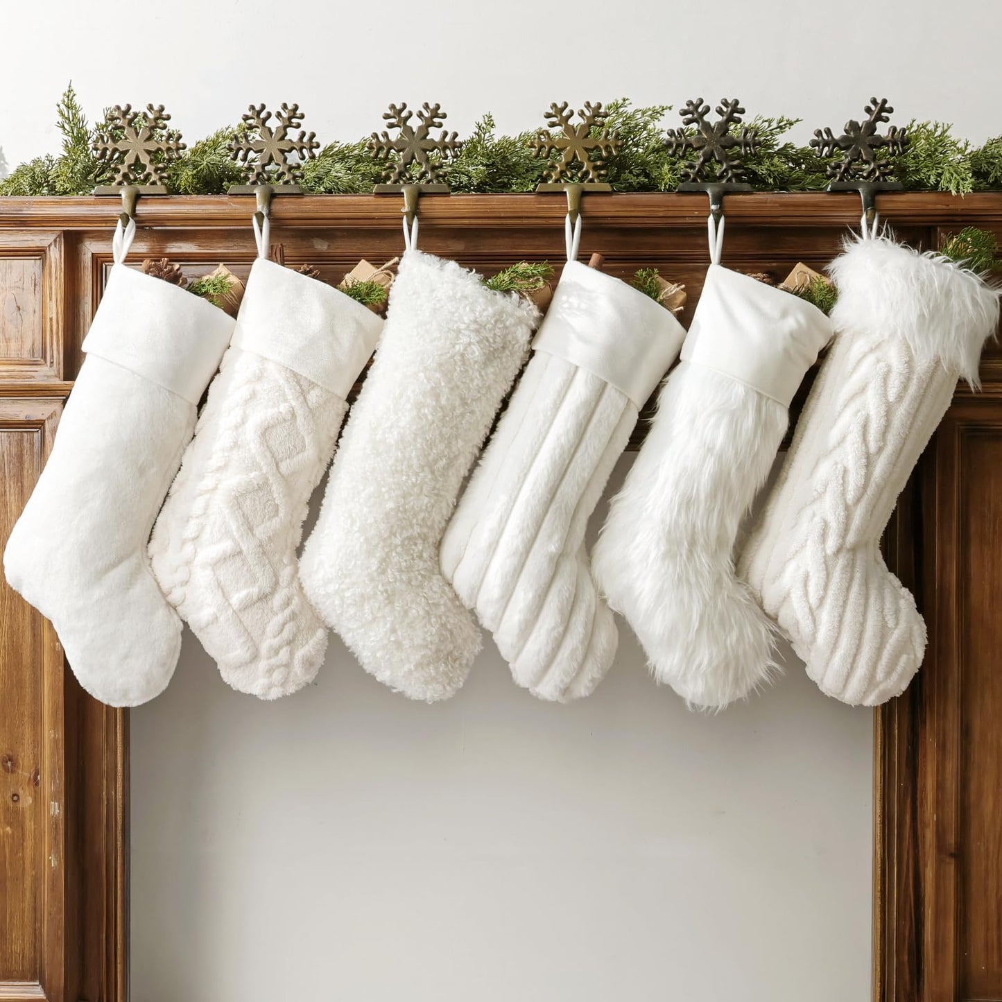 Christmas Stockings, 6 Pack 18 Inch Luxury Snow White Thick Plush Faux Fur Personalized Stockings with 6 Styles of Textured Patterns, Home Décor Party Christmas Decorations Gift for Mantal Fireplace