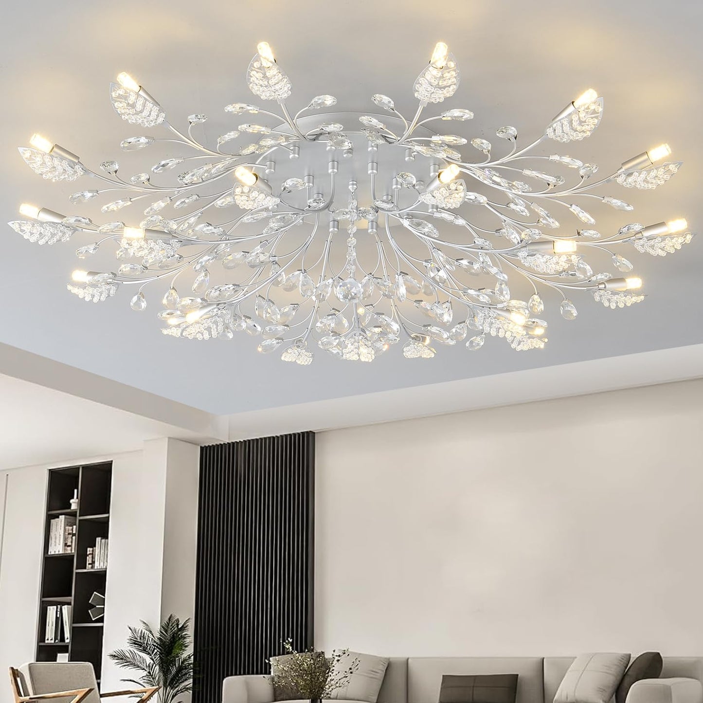 Ridiss Crystal Ceiling Light Fixture,Semi Flush Mount Chandeliers,Crystal Leaf Ceiling Light,Silvery Chandeliers for Dining Room,Living Room,Bedroom