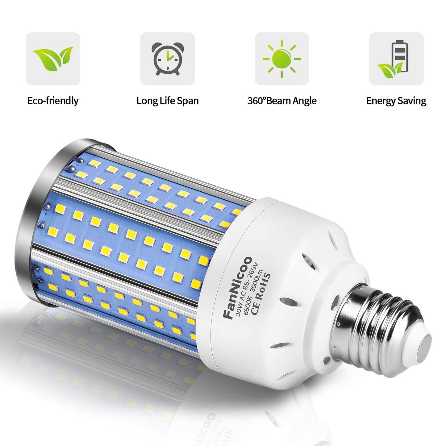 2-Pack 200W Equivalent LED Corn Light Bulb 3000 Lumen 6500K Cool White Daylight 30W LED Corn Lamp E26/E27 Medium Base for Indoor Outdoor Warehouse Garage Basement Backyard Factory Barn and Many Areas