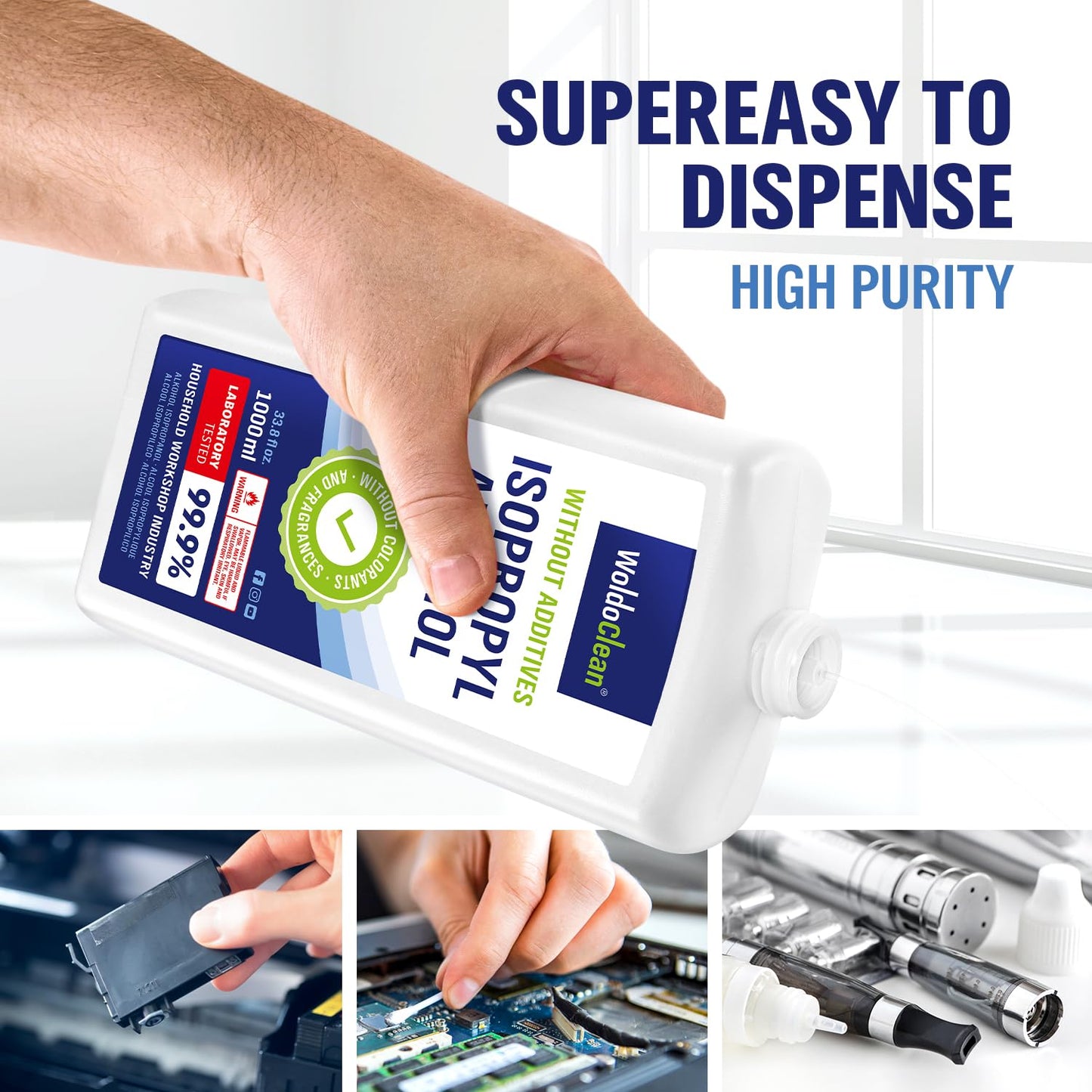 WoldoClean Isopropyl Alcohol 99.9% Pure IPA 33.8 fl oz - High Purity Rubbing Alcohol for Cleaning Electronics, Glass, Tools & Household Surfaces, Fast Evaporating, Residue-Free