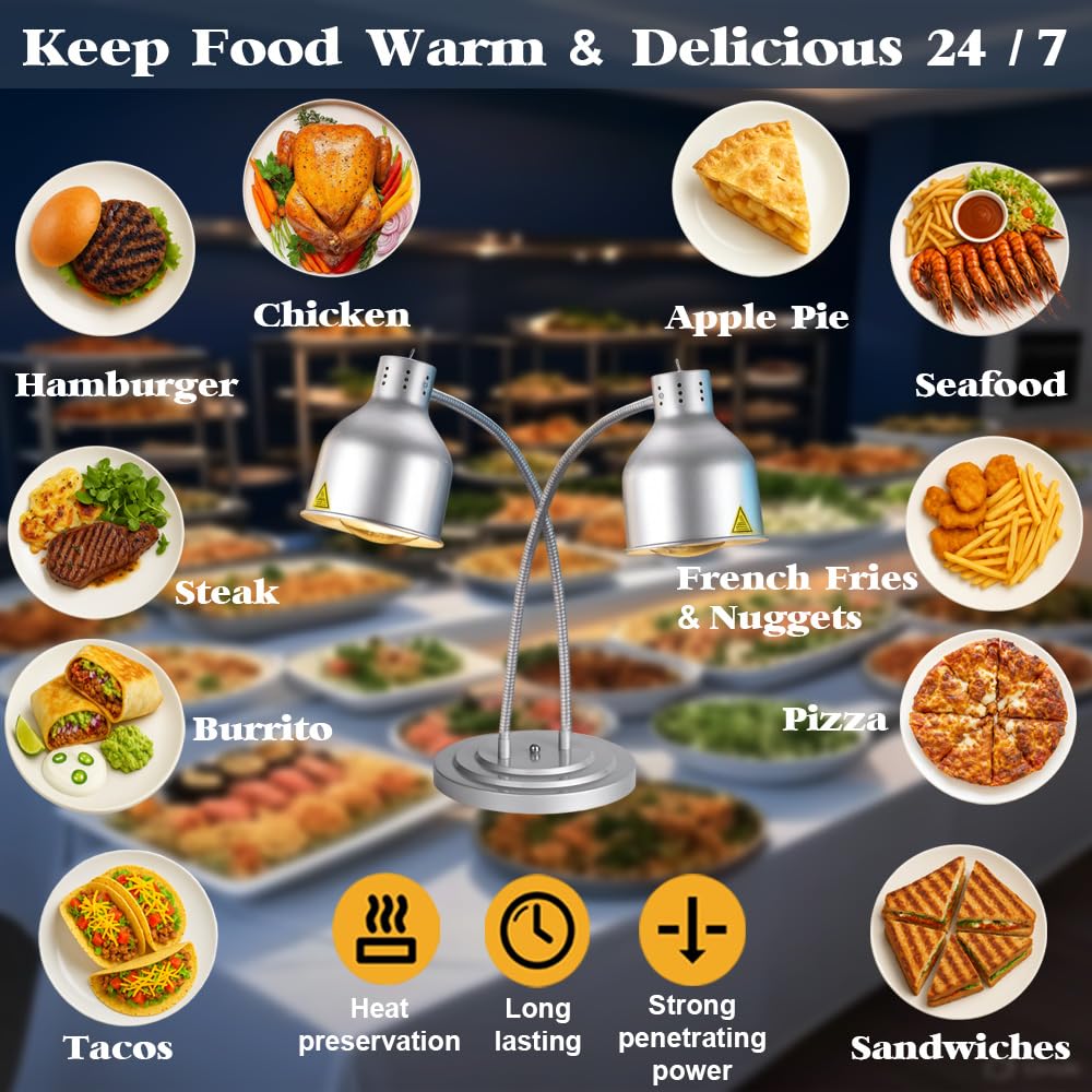 Food Heat Lamp,550W Commercial Food Warmer Lamp,Adjustable Food Warming Light with 4 Bulbs,2 Head Catering Heating Lamp for Kitchen Cafeteria Restaurant Buffet Parties (Silver)