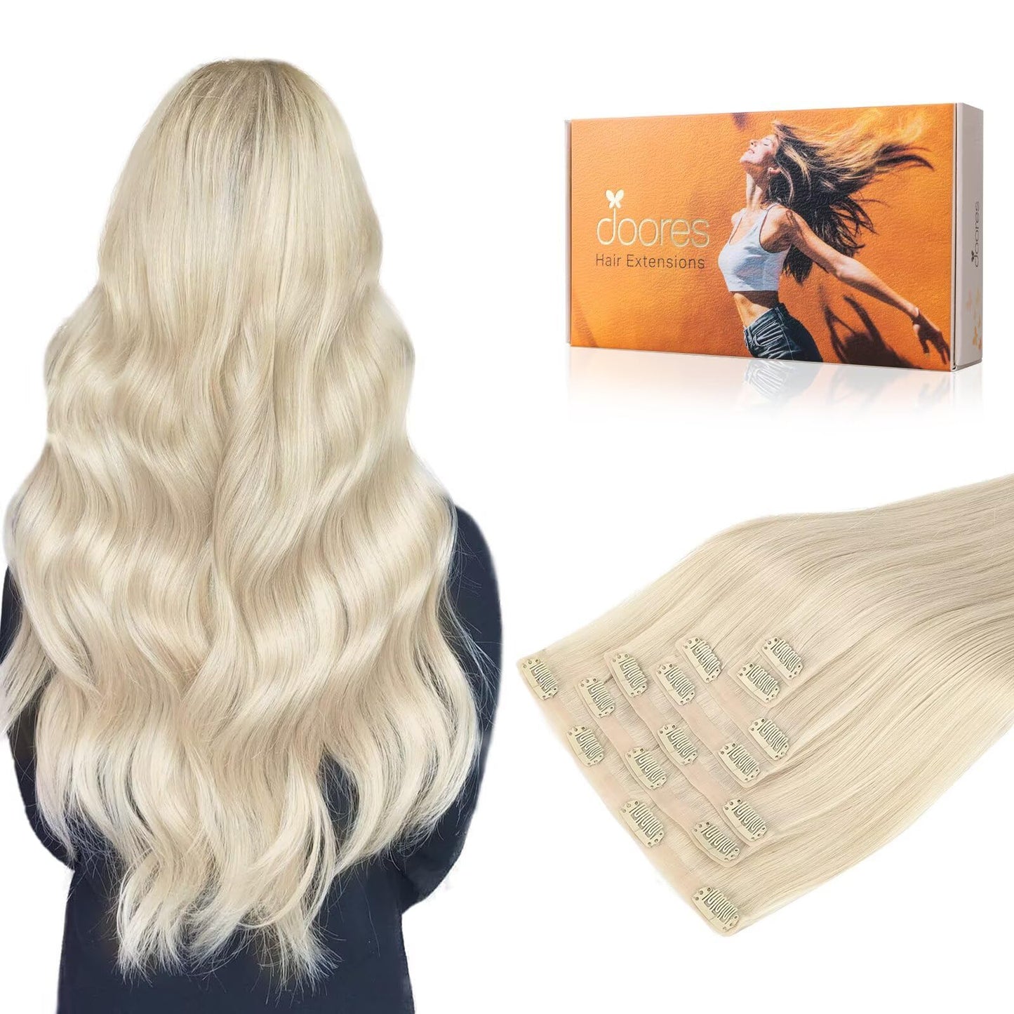 DOORES Human Hair Clip in Extensions, Platinum Blonde Virgin, Invisible Edge, 150g 7pcs 20 Inch Silky Straight for Women