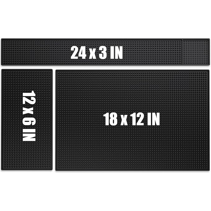 Noverlife 3PCS Black Rubber Bar Service Spill Mat, Barber Station Mat Flexible Bar Mat Set for Countertop, Waterproof Home Bar Mats Restaurant Service Mat Nonslip Drying Mat - 24x3 & 18x12 & 12x6inch