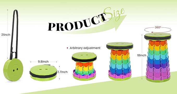 FXKS 2 Pack Upgraded Collapsible Stool Folding Stool with Cushion,Retractable Folding Stool Max Load Capacity 400lbs, Portable Telescoping Stools for Camping Hiking Outdoor BBQ -Rainbow-Green