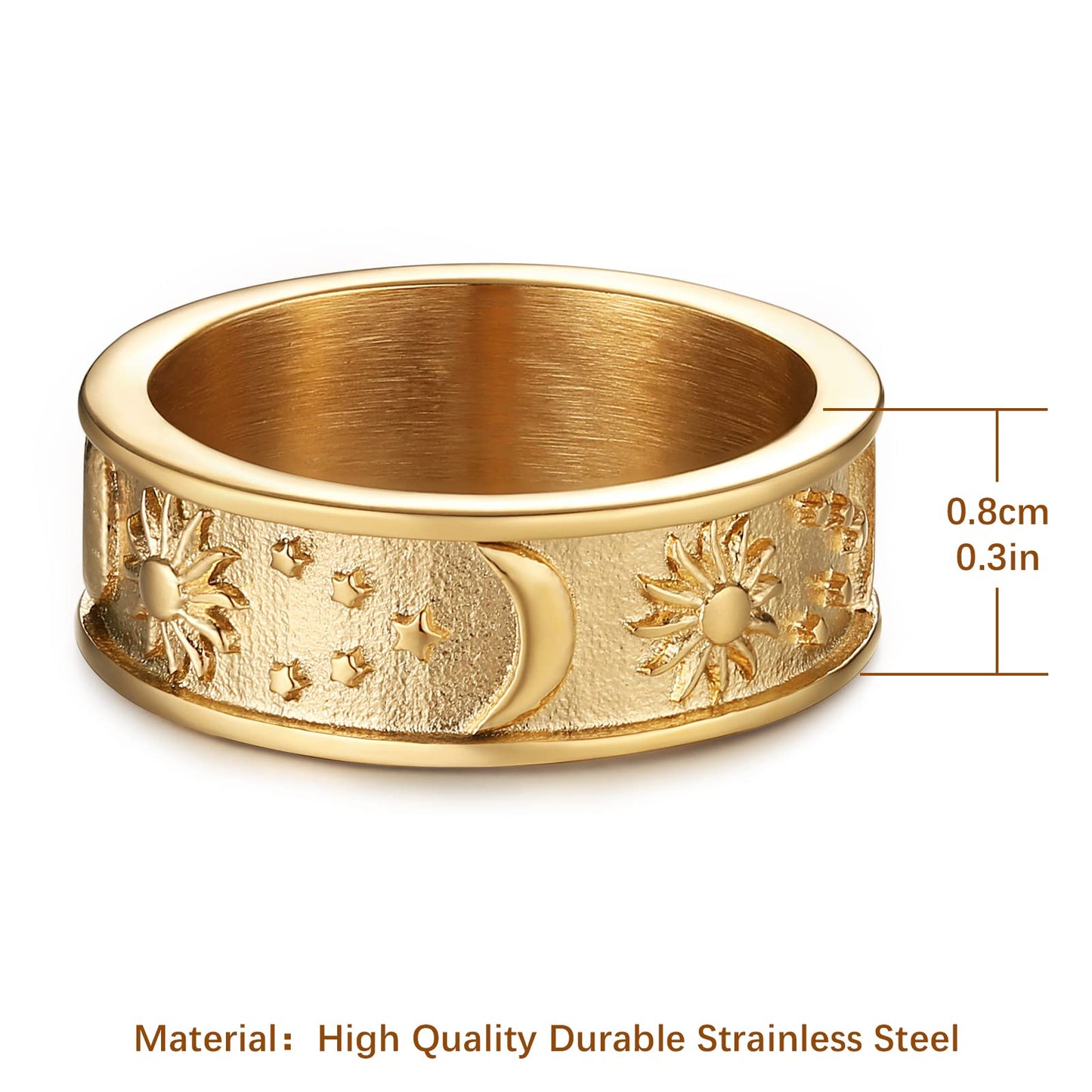 HZMAN 8mm Moon Star Sun Statement Ring Stainless Steel Boho Jewelry for Women Men (Gold, 7)