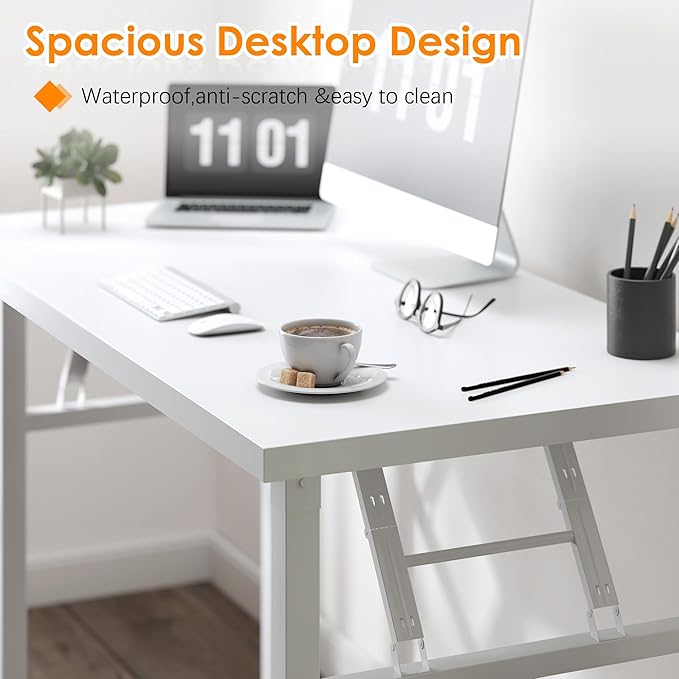 Need Office Computer Desk - 54.3L Sturdy and Heavy Duty Folding Laptop Table,Writing Table/Home Office Desk/Sewing Table,No Assembly Required (White & White Frame)