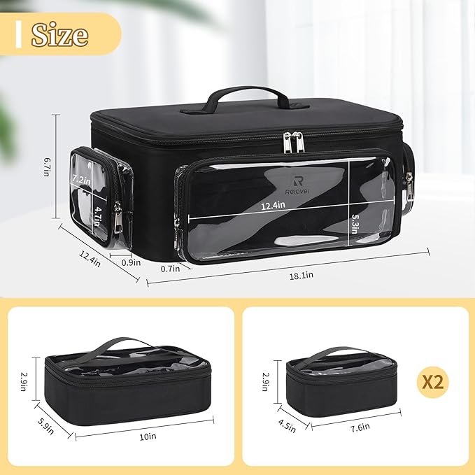 Large Makeup Case Cosmetic Organizer Box Brush Holder, Travel Makeup Train Case with 3 Clear Bags, Professional Makeup Artist Bag Cosmetic Case with Adjustable Dividers and Shoulder Strap