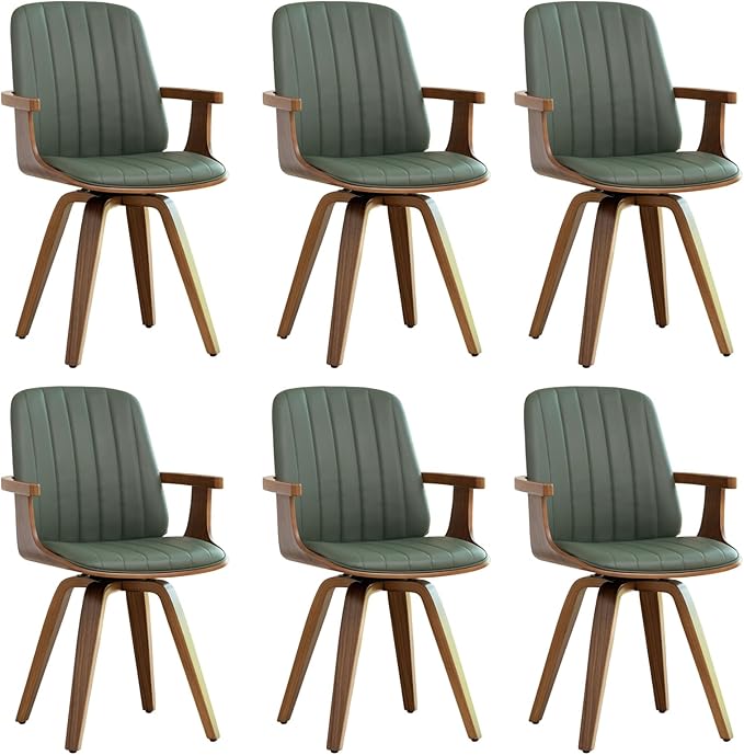 WUPOTO MCM Dining Chairs, Set of 6 Mid Century Modern Chairs with Walnut Craftsmanship, Upholstered Faux Leather, Wooden Arms and Legs, Faux Leather Dining Chairs for Kitchen/Living Room - Green
