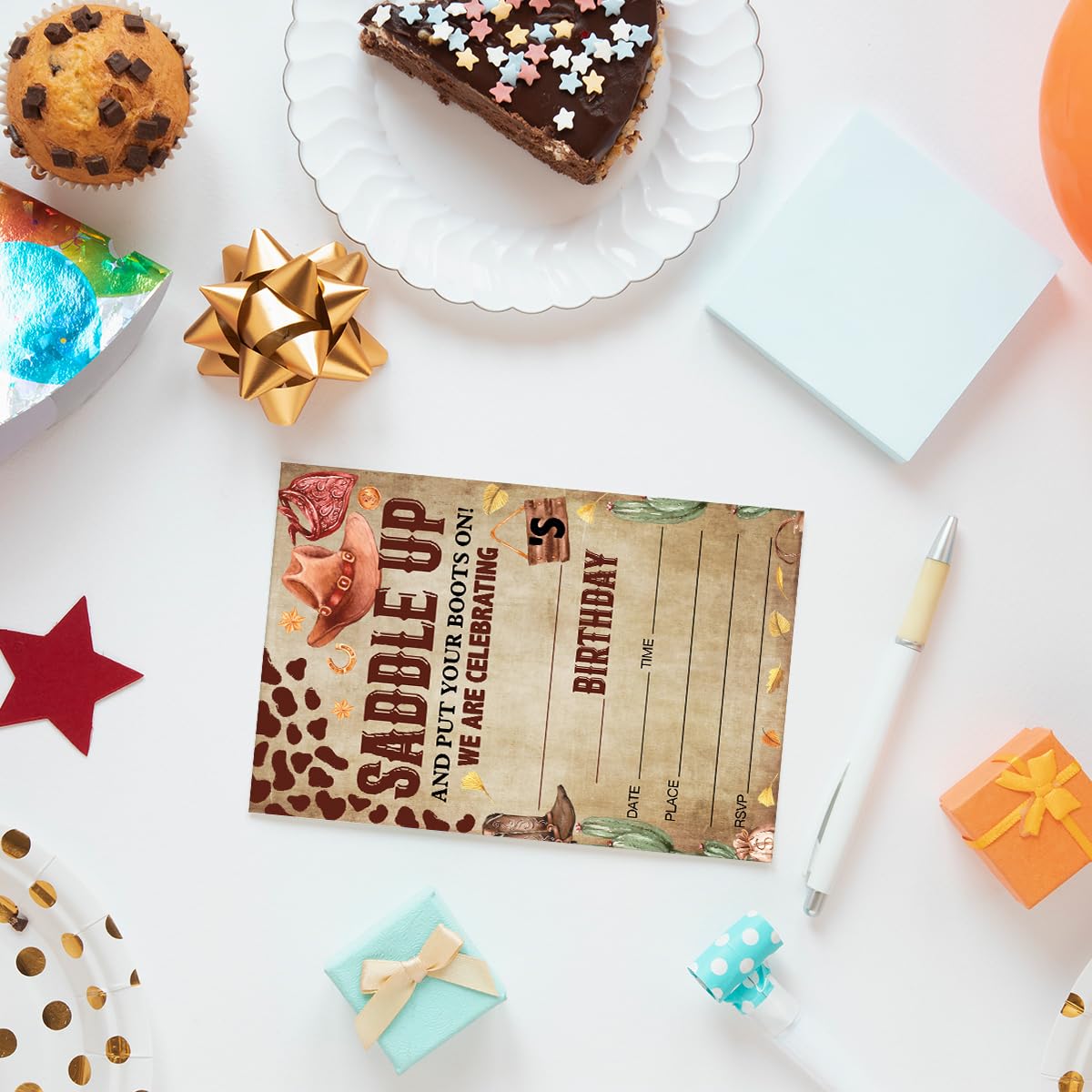 EUDOSI Wild West Cowboy Birthday Party Invitations Supplies Fill-In Set of 20 with Envelopes Retro Counrty Western Birthday Bash Invites Cards, Double Sided