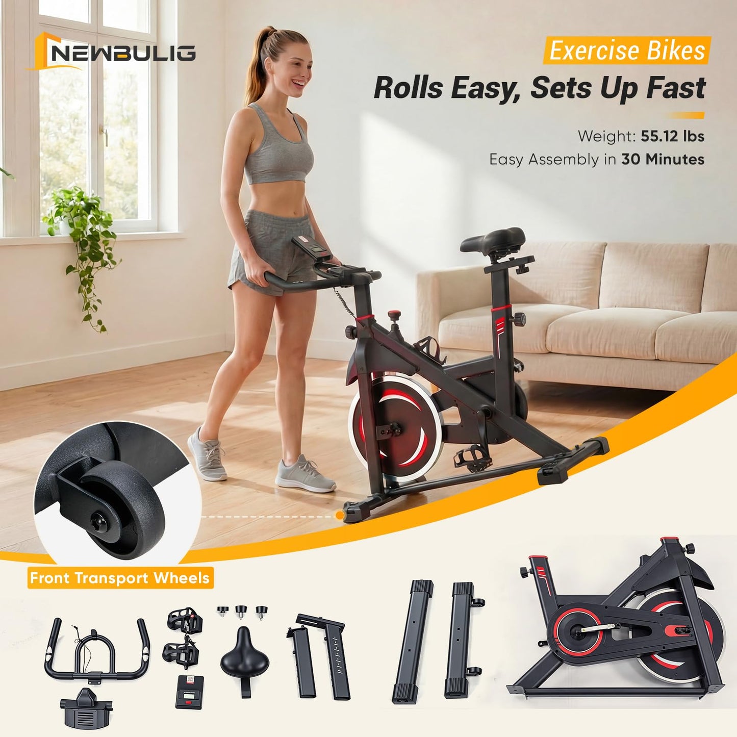 NEWBULIG Exercise Bike with APP, Stationary Bikes for Home, Workout Bike for Adults & Seniors, Cycle Machine, Adjustable Height and Resistance, Low Noise, 265lbs Weight Capacity, Easy Assembly