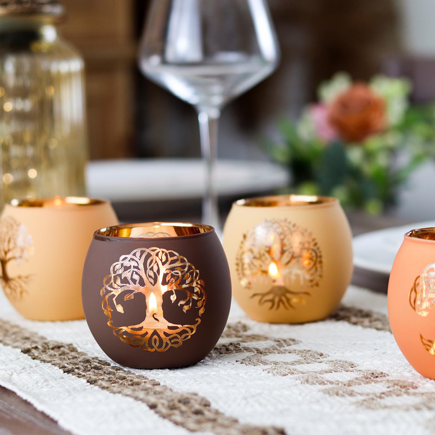 SHMILMH Fall Votive Candle Holders 6 PCS Tree of Life Glass Tea Light Candle Holders Wedding Centerpiece Decorations for Reception, Birthday Party, Bridal Shower Fall Table Decor