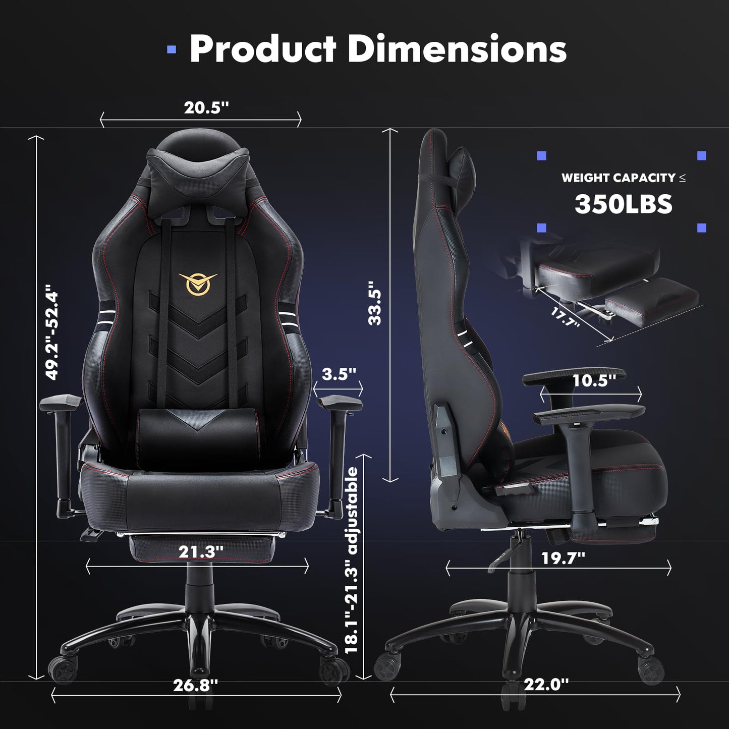 Big and Tall Gaming Chair with Footrest 350lbs, Computer Gamer Chair, High Back PC Gaming Chairs with Wide Seat, Lumbar Support, Armrest for Adults-Black