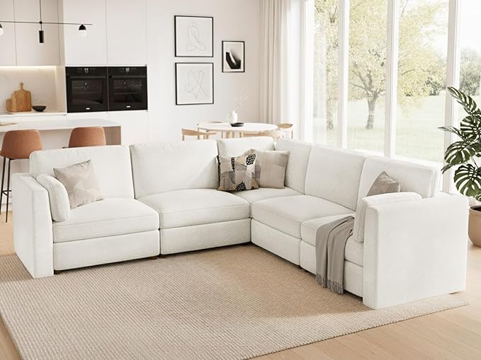 CUGOAO 117.7'' Modular Sectional Sofa, Oversized L-Shaped Sectional Couch, Deep Seat Chenille Cloud Couch, Removable Cover, Mordern Upholstered Couches for Living Room, Apartment, Office, Beige