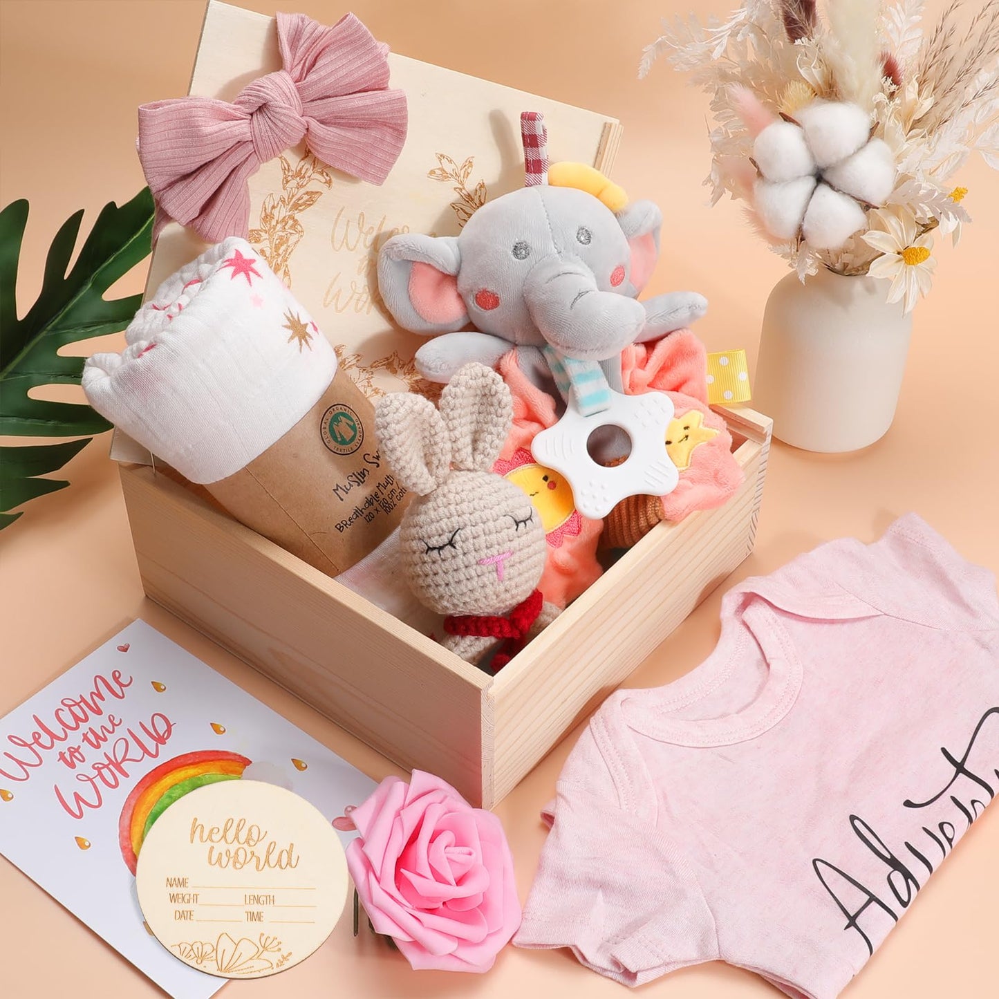 Baby Girl Gifts,Baby Shower Gifts for Girls,New Born Baby Girls Gift,Baby Girl Gift Basket,Unique Baby Gift Essential,Gender Reveal Gifts,Rattle Swaddle Blanket Baby Girl Gifts