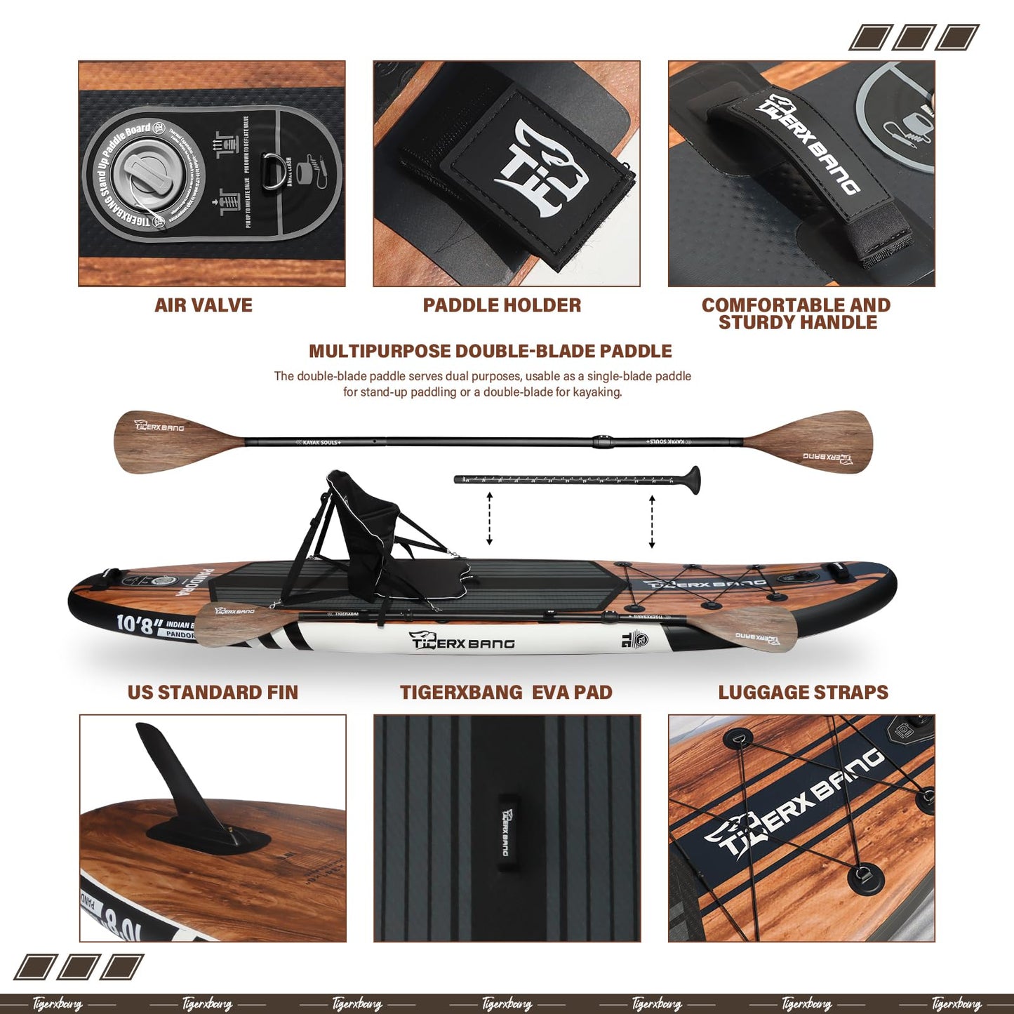TIGERXBANG Paddle Board, 10.8' Stand Up Paddle Board with Premium Complete Inflatable SUP Accessories, Extra Wide Paddleboards for Adults & Youth-Pandora Collection Indian Black