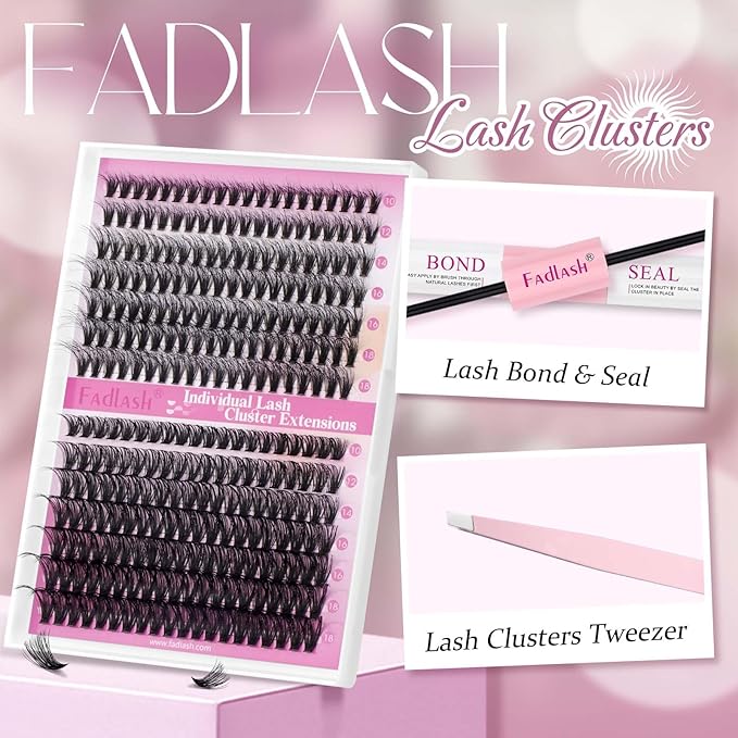 FADLASH Lash Extension Kit 40D+50D Lash Clusters D Curl Lash Cluster Kit DIY Eyelash Extension Kit with Lash Bond and Seal Lash Tweezer Cluster Lashes (Kit, 40D+50D-07D-Mix10-18)