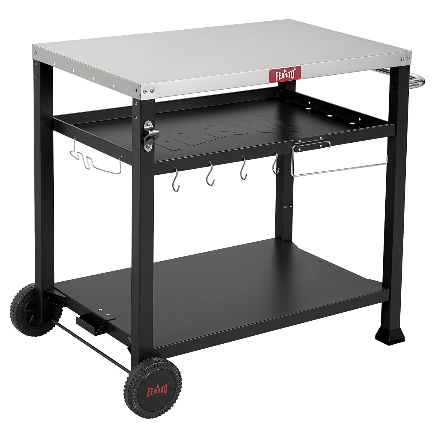 Feasto 3-Shelf Pizza Oven Table with 33.5" x 21.7" Stainless Tabletop, Outdoor Grill Cart with Tank Hook for Pizza Ovens & Griddles, Heavy-Duty Prep Station for Patio BBQ and Deck Parties, Black