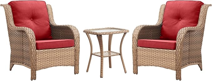 Rilyson Patio Bistro Set Outdoor Chairs - 3 Piece Wicker Rattan Patio Furniture Set with 2 Armrest Chair and 1 Side Table for Proch Deck Garden Backyard Balcony(Yellow/Red)